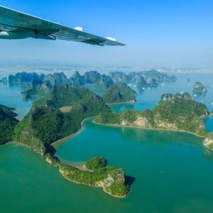 Panorama view over Halong Bay from seaplane